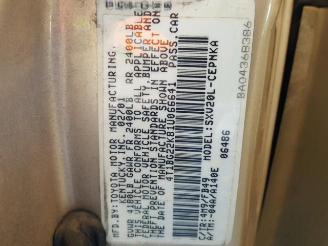 4T1BG22K81U066641 - 2001 TOYOTA CAMRY CE SILVER photo 10