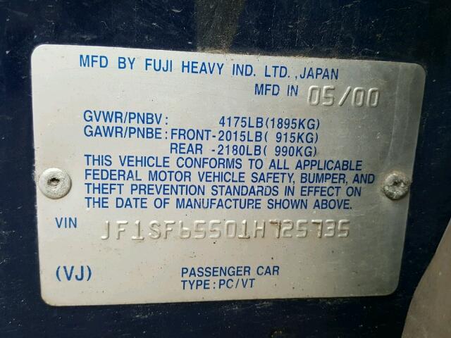 JF1SF65501H725735 - 2001 SUBARU FORESTER S Mavi foto 10