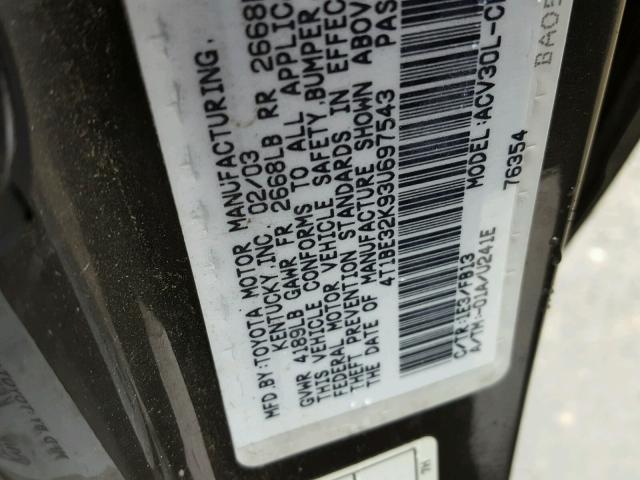 4T1BE32K93U697543 - 2003 TOYOTA CAMRY LE GRAY photo 10