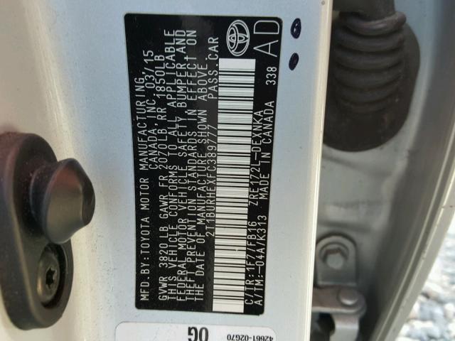 2T1BURHEXFC389777 - 2015 TOYOTA COROLLA L SILVER photo 10