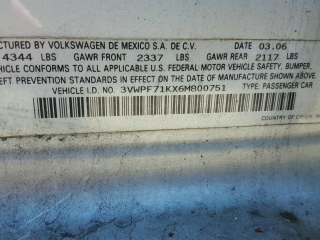 3VWPF71KX6M800751 - 2006 VOLKSWAGEN JETTA VALU SILVER photo 10