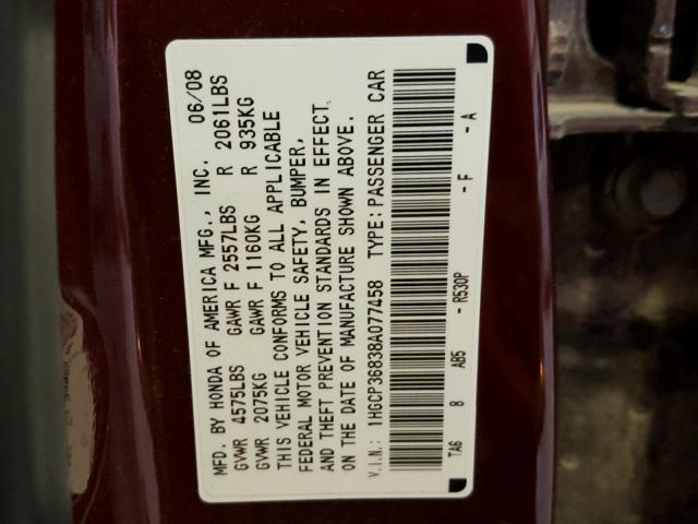 1HGCP36838A077458 - 2008 HONDA ACCORD EXL BURGUNDY photo 10