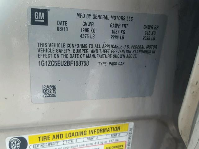 1G1ZC5EU2BF158758 - 2011 CHEVROLET MALIBU 1LT 米色 照片 10