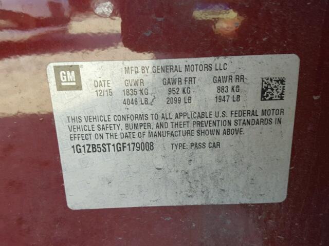 1G1ZB5ST1GF179008 - 2016 CHEVROLET MALIBU LS 栗色 照片 10