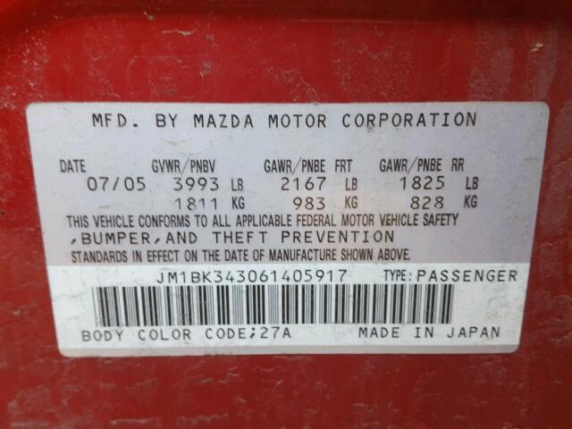 JM1BK343061405917 - 2006 MAZDA 3 HATCHBAC RED photo 10