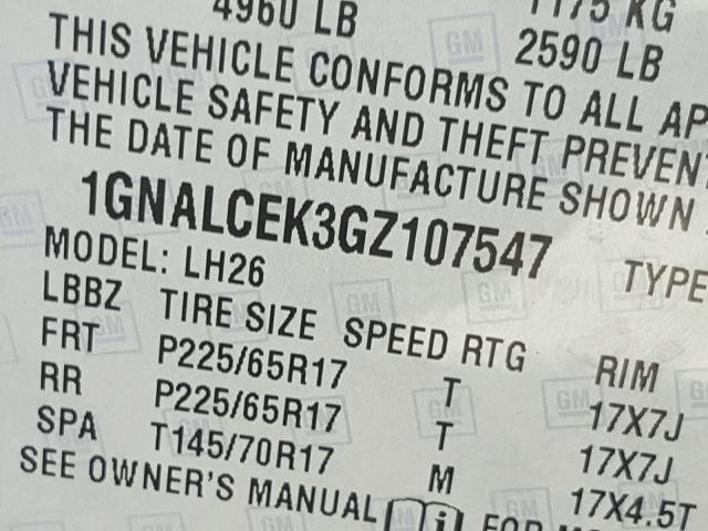 1GNALCEK3GZ107547 - 2016 CHEVROLET EQUINOX LT CHARCOAL photo 10