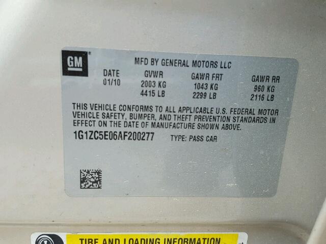 1G1ZC5E06AF200277 - 2010 CHEVROLET MALIBU 1LT GOLD photo 10