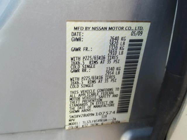 5N1BV28U09N107574 - 2009 NISSAN QUEST S SILVER photo 10