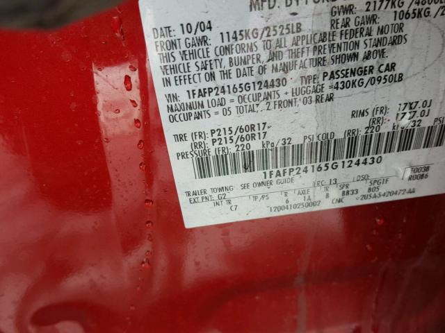 1FAFP24165G124430 - 2005 FORD FIVE HUNDR RED photo 10
