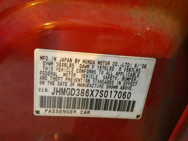 JHMGD386X7S017060 - 2007 HONDA FIT S წითელი ფოტო 10