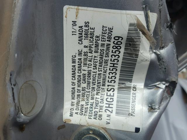 2HGES15535H535869 - 2005 HONDA CIVIC LX SILVER photo 10