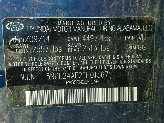 5NPE24AF2FH015671 - 2015 HYUNDAI SONATA SE BLUE photo 10