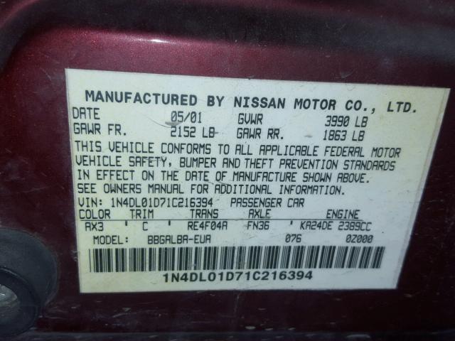 1N4DL01D71C216394 - 2001 NISSAN ALTIMA XE MAROON photo 10