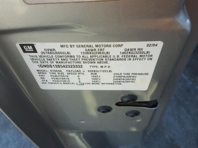 1GNDS13S542323332 - 2004 CHEVROLET TRAILBLAZE SILVER photo 10