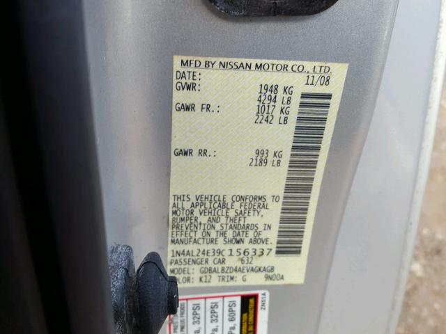 1N4AL24E39C156337 - 2009 NISSAN ALTIMA 2.5 SILVER photo 10