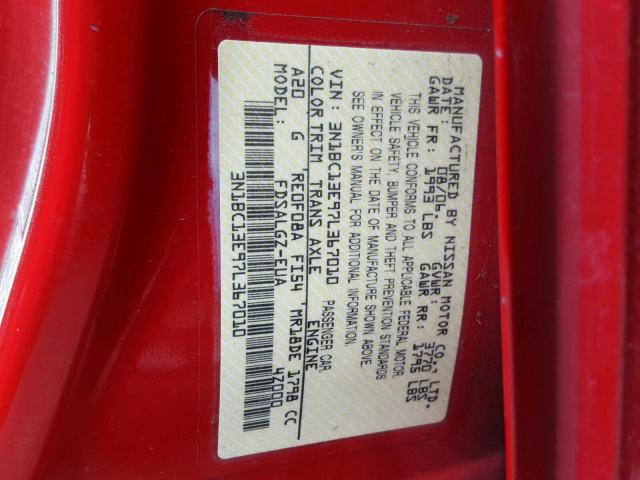 3N1BC13E97L367010 - 2007 NISSAN VERSA S RED photo 10