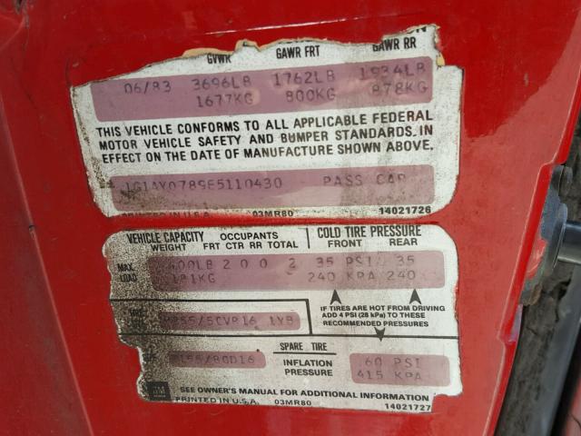 1G1AY0789E5110430 - 1984 CHEVROLET CORVETTE RED photo 10