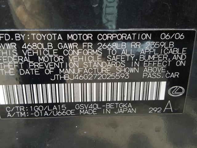 JTHBJ46G272025593 - 2007 LEXUS ES 350 CHARCOAL photo 10