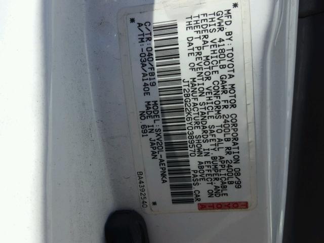 JT2BG22K6Y0389570 - 2000 TOYOTA CAMRY CE WHITE photo 10