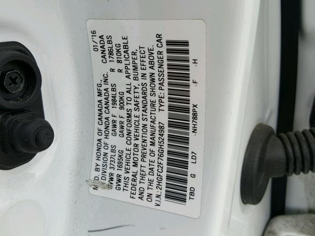 2HGFC2F76GH524987 - 2016 HONDA CIVIC EX WHITE photo 10