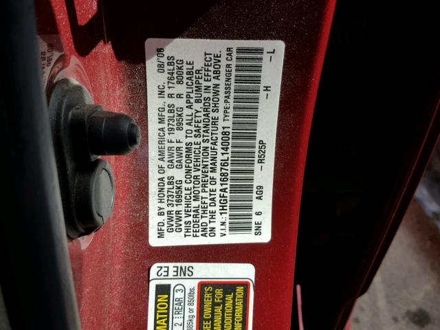 1HGFA16876L140081 - 2006 HONDA CIVIC EX წითელი ფოტო 10