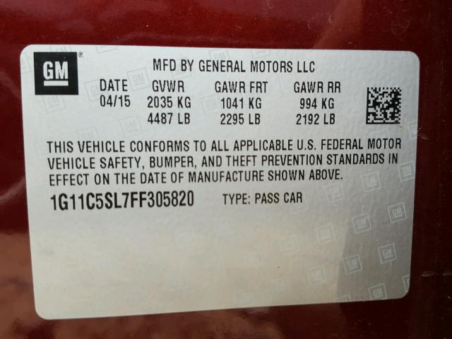 1G11C5SL7FF305820 - 2015 CHEVROLET MALIBU 1LT 勃艮第红 照片 10