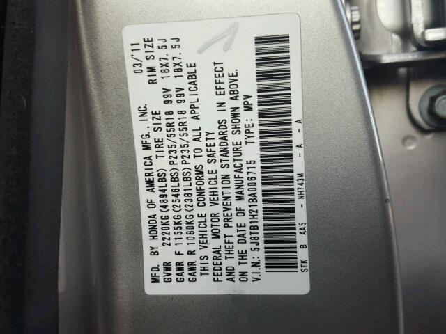 5J8TB1H21BA006715 - 2011 ACURA RDX SILVER photo 10