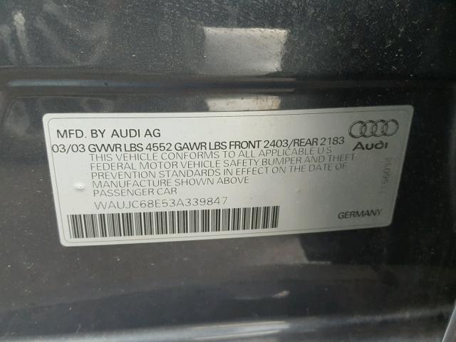 WAUJC68E53A339847 - 2003 AUDI A4 1.8T CHARCOAL photo 10