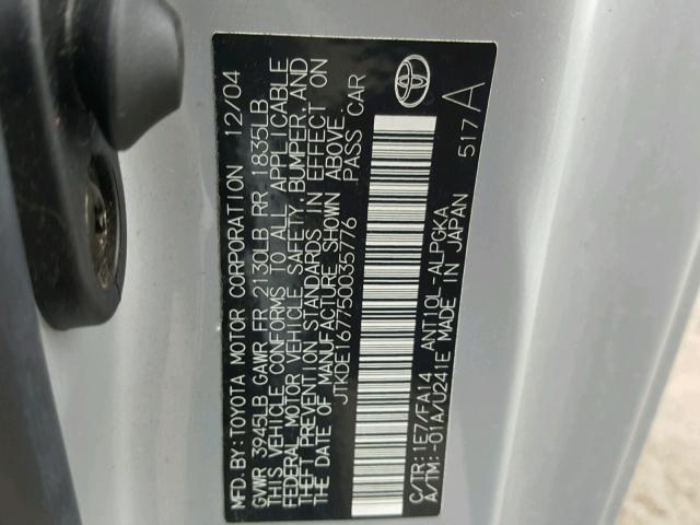 JTKDE167750035776 - 2005 TOYOTA SCION TC ნაცრისფერი ფოტო 10