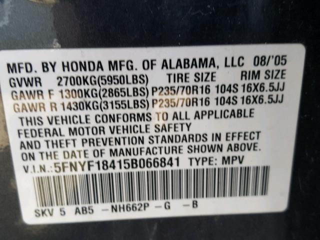 5FNYF18415B066841 - 2005 HONDA PILOT EX GRAY photo 10