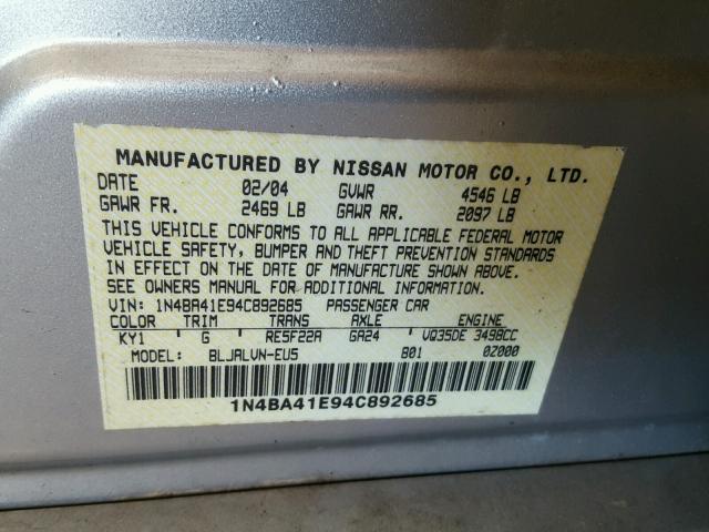 1N4BA41E94C892685 - 2004 NISSAN MAXIMA SE SILVER photo 10