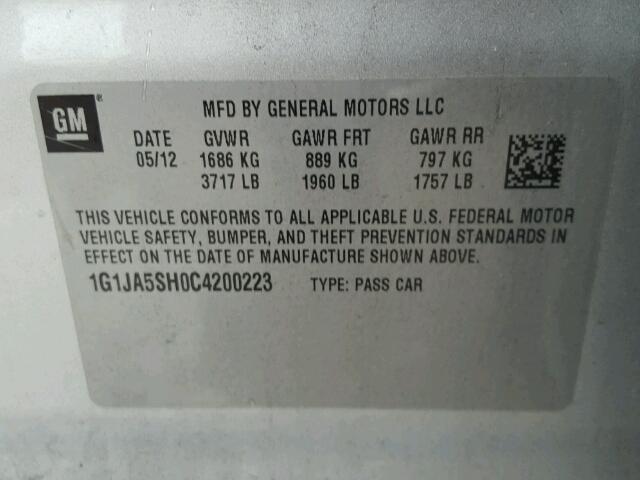 1G1JA5SH0C4200223 - 2012 CHEVROLET SONIC LS Gümüş foto 10