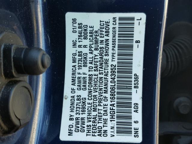 1HGFA16806L043952 - 2006 HONDA CIVIC EX ლურჯი ფოტო 10
