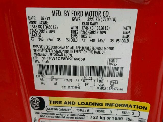 1FTFW1CF8DKF46859 - 2013 FORD F150 SUPER RED photo 10