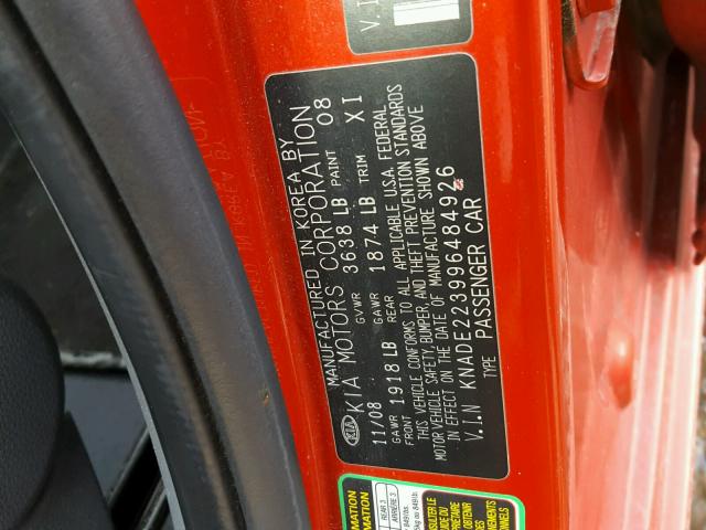 KNADE223996484926 - 2009 KIA RIO BASE RED photo 10