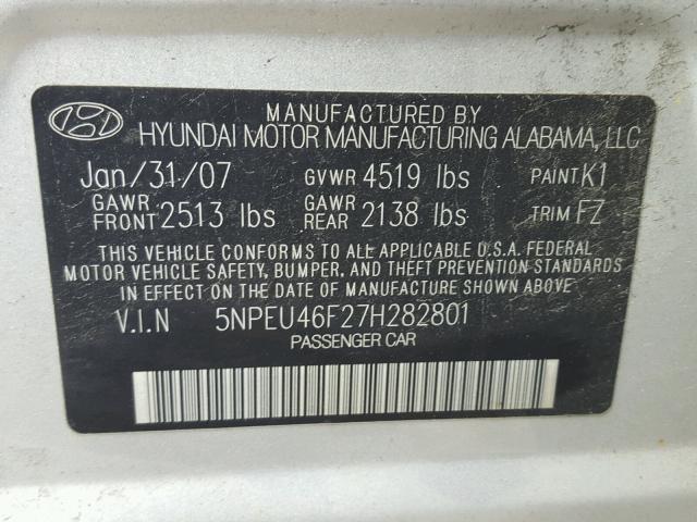 5NPEU46F27H282801 - 2007 HYUNDAI SONATA SE GRAY photo 10