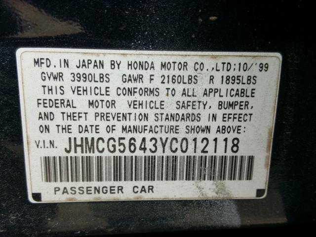 JHMCG5643YC012118 - 2000 HONDA ACCORD LX BLUE photo 10