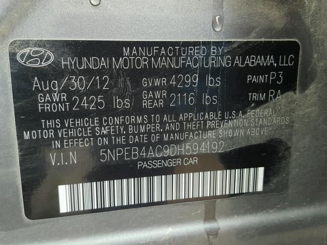 5NPEB4AC9DH594192 - 2013 HYUNDAI SONATA GLS GRAY photo 10