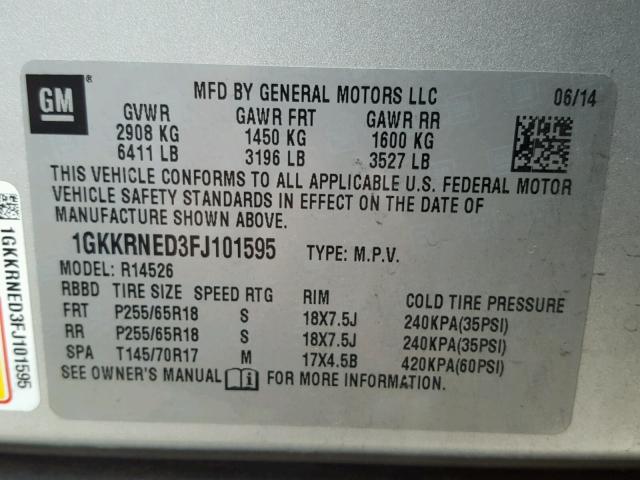 1GKKRNED3FJ101595 - 2015 GMC ACADIA SLE SILVER photo 10