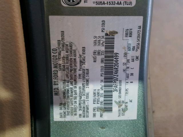 3FAFP07Z46R204499 - 2006 FORD FUSION SE GRAY photo 10