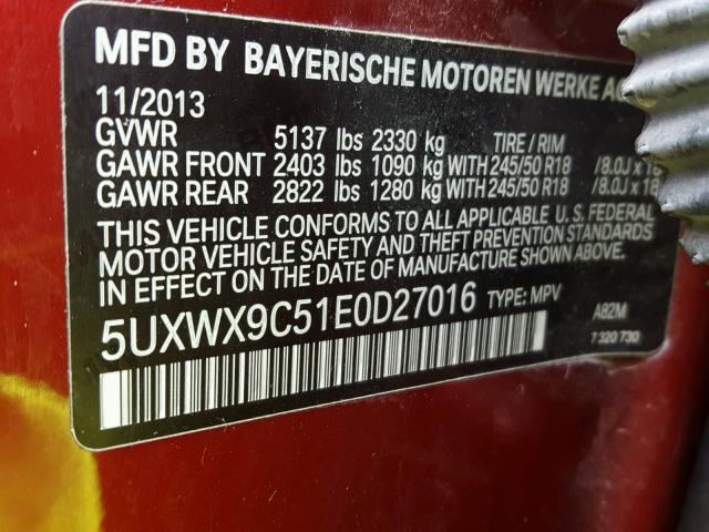 5UXWX9C51E0D27016 - 2014 BMW X3 XDRIVE2 RED photo 10