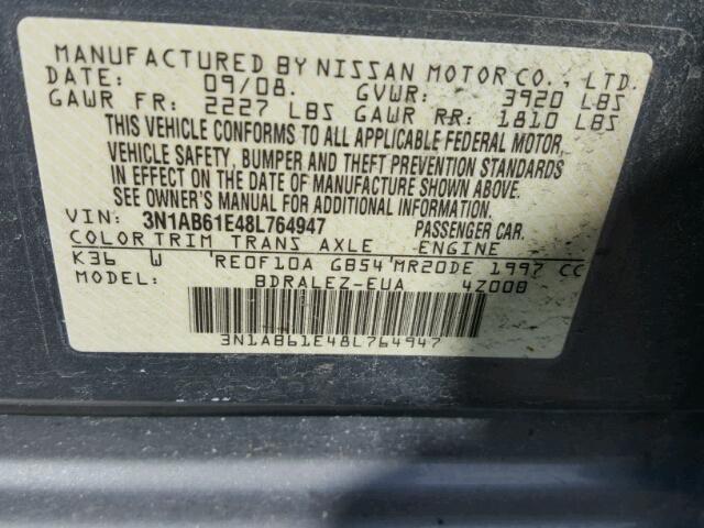 3N1AB61E48L764947 - 2008 NISSAN SENTRA 2.0 GRAY photo 10