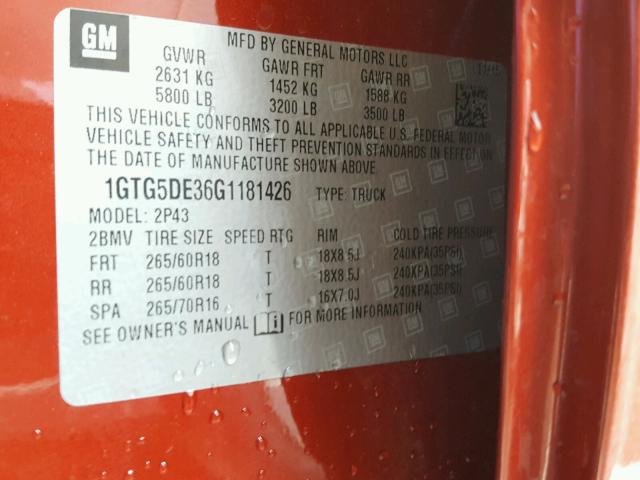 1GTG5DE36G1181426 - 2016 GMC CANYON SLT RED photo 10