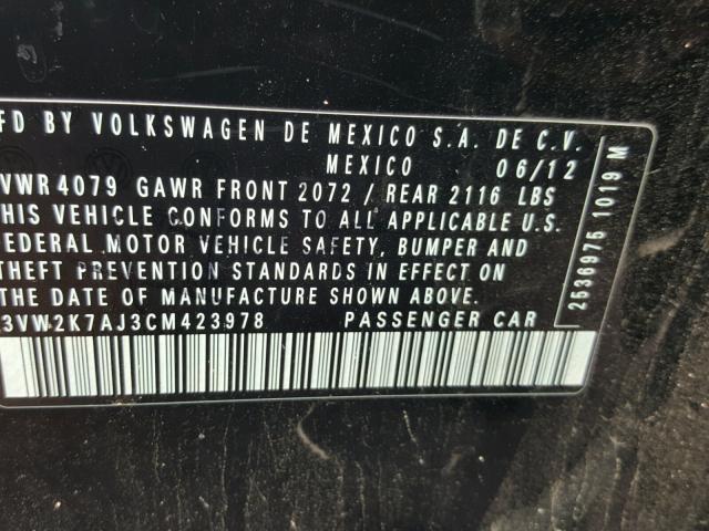 3VW2K7AJ3CM423978 - 2012 VOLKSWAGEN JETTA BASE შავი ფოტო 10