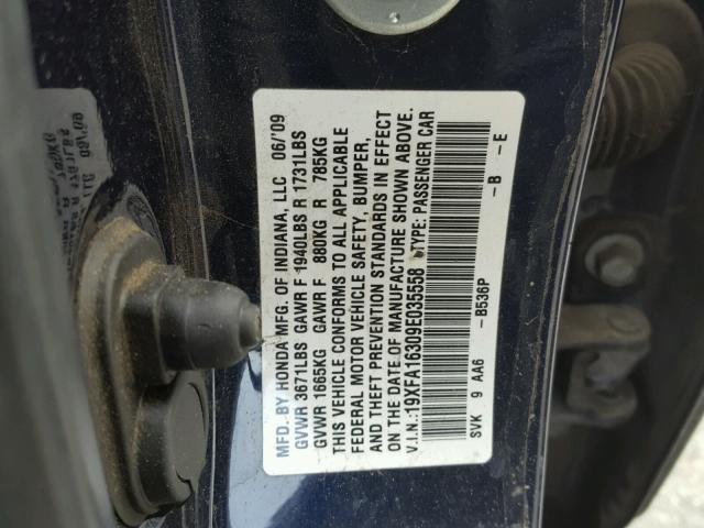 19XFA16309E035558 - 2009 HONDA CIVIC VP BLUE photo 10