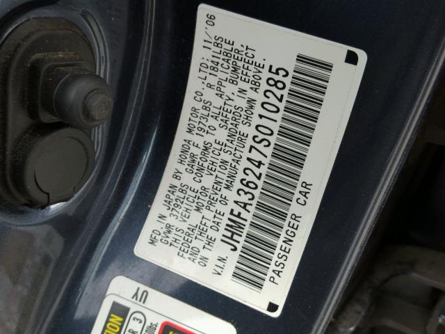 JHMFA36247S010285 - 2007 HONDA CIVIC HYBR BLUE photo 10