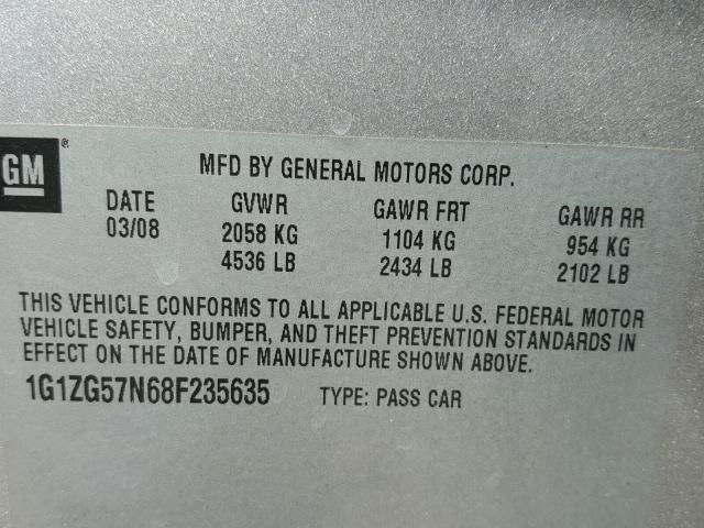 1G1ZG57N68F235635 - 2008 CHEVROLET MALIBU LS ვერცხლისფერი ფოტო 10