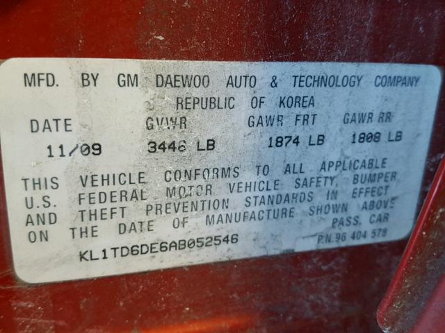 KL1TD6DE6AB052546 - 2010 CHEVROLET AVEO LS 红色 照片 10