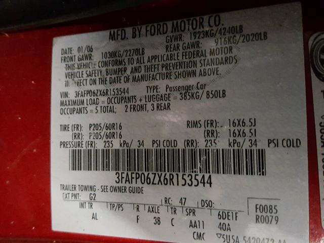 3FAFP06ZX6R153544 - 2006 FORD FUSION S RED photo 10