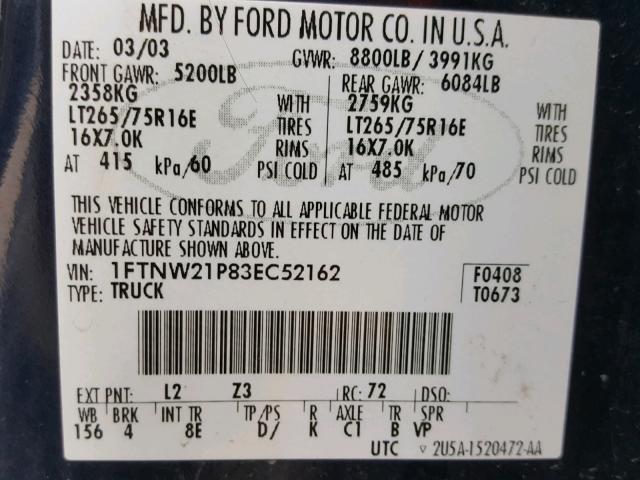 1FTNW21P83EC52162 - 2003 FORD F250 SUPER BLUE photo 10